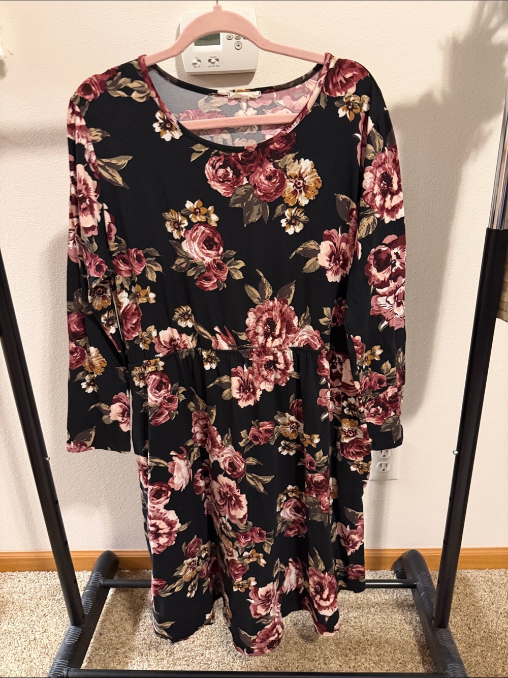 Black Long-Sleeve Floral Fit & Flare Dress in Rose